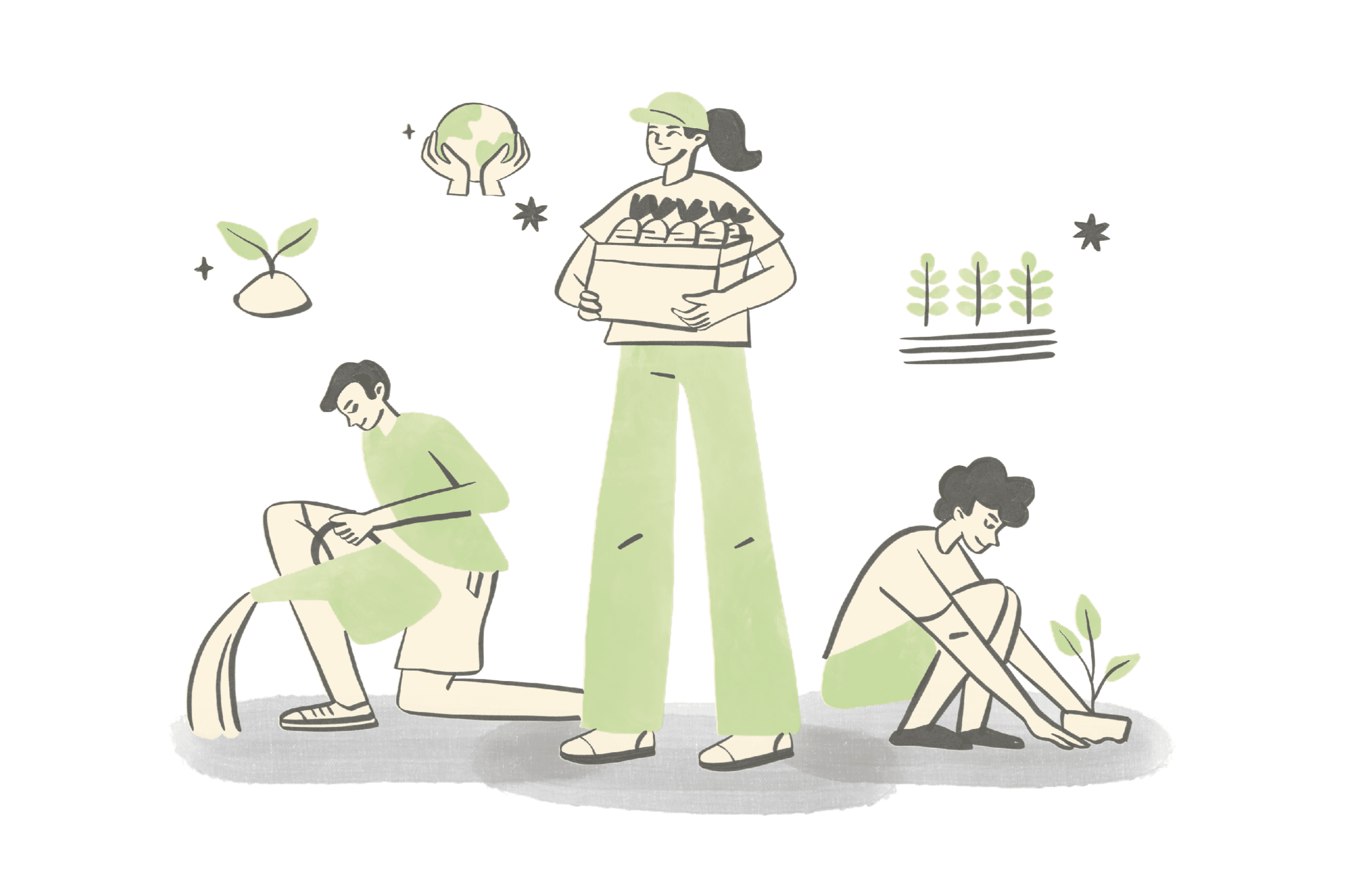 Three people planting and tending seedlings together in their community.