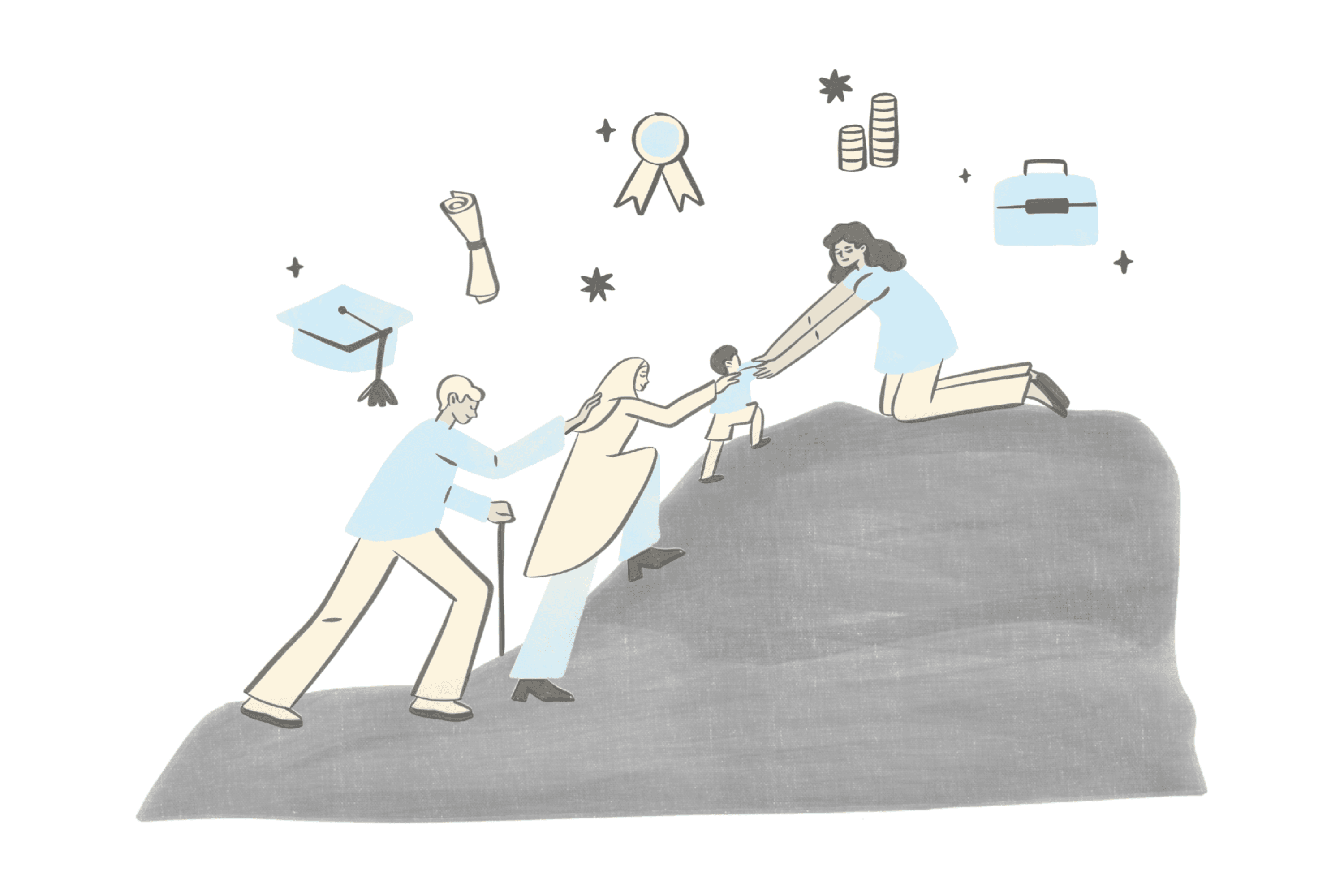 A family helping each other climb a hill, supporting one another up.