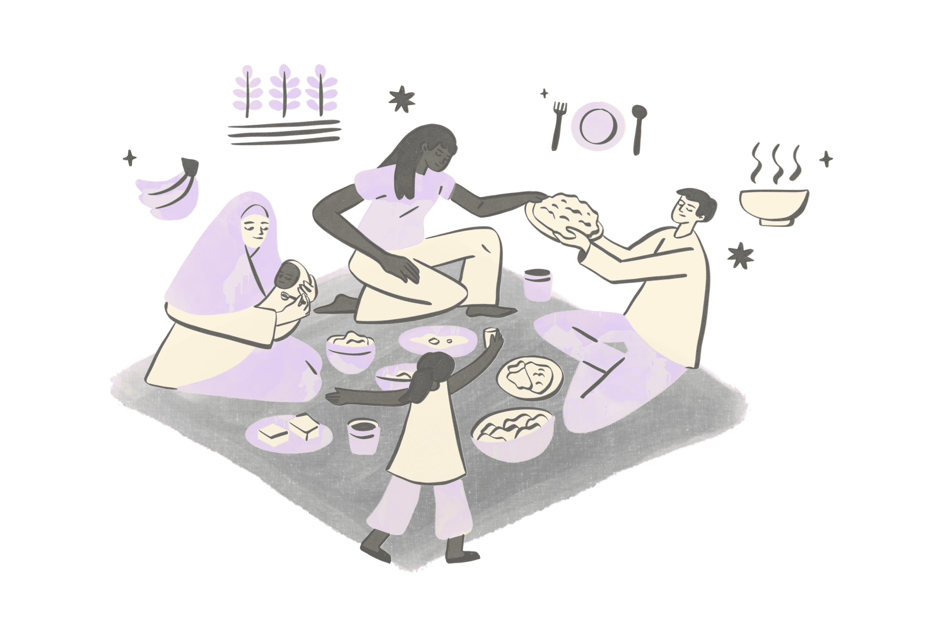 A multigenerational family sharing a picnic together outdoors.