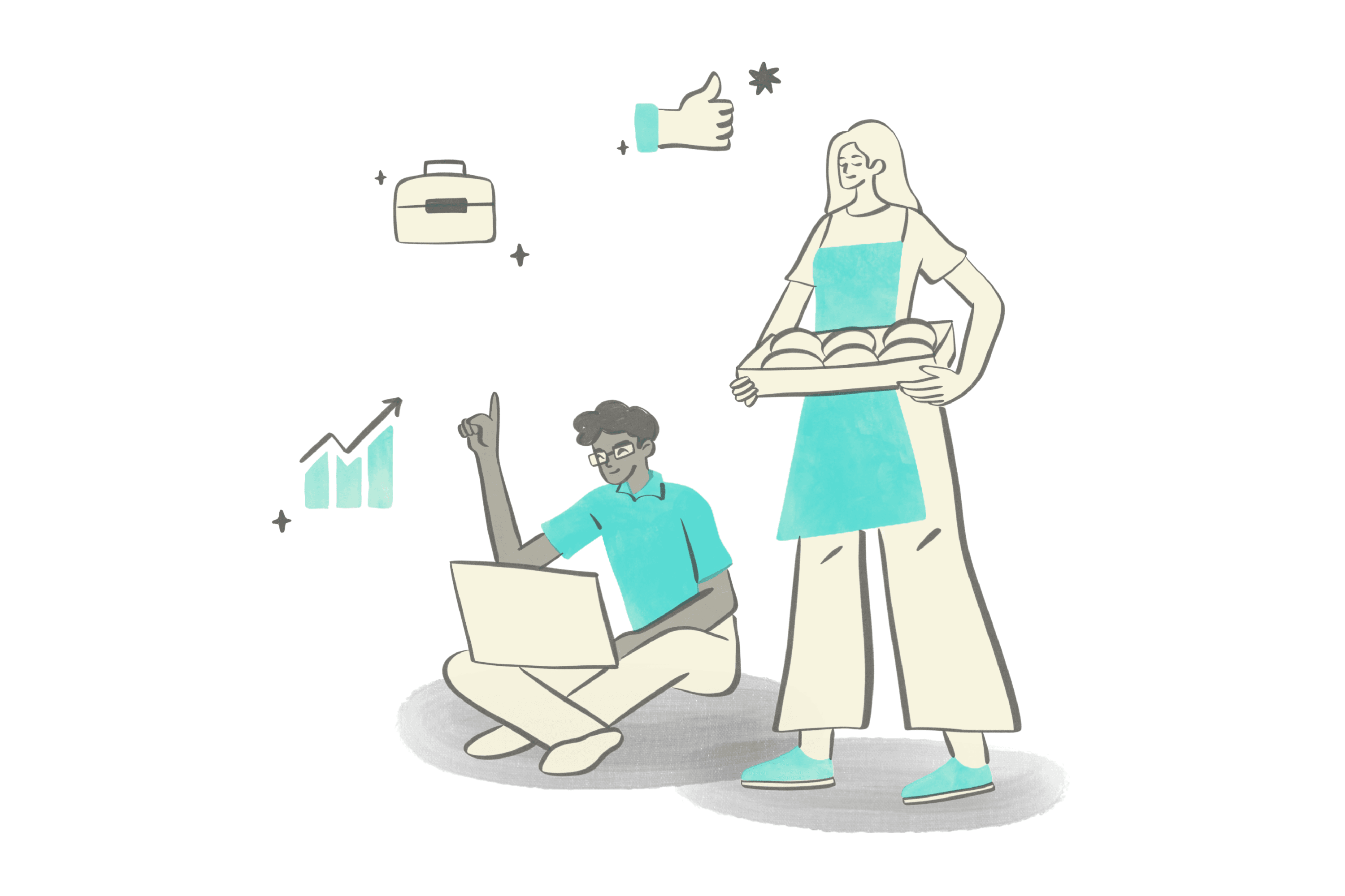 A small-business owner with a tray of baking and a person on a laptop, celebrating their growth.